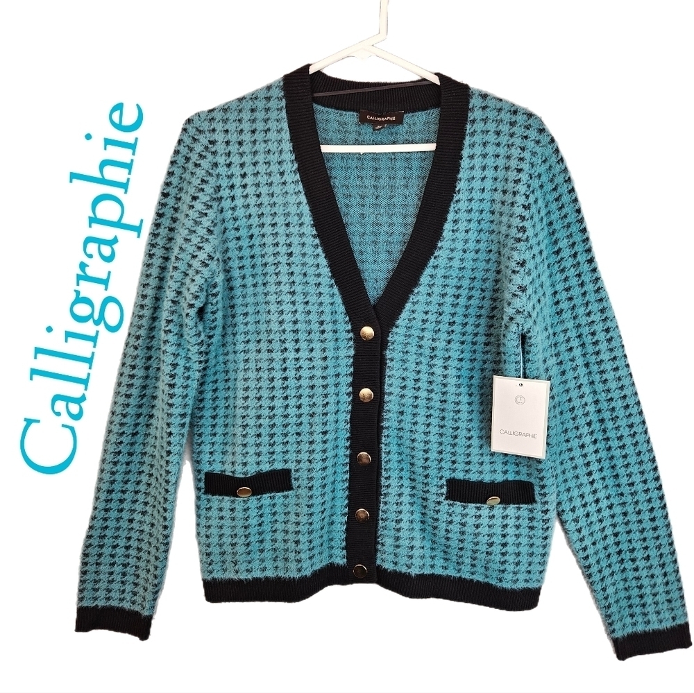 Calligraphie Womens Blue Green W-Black Fuzzy Soft Cardigan Sz M Gold Tone Casual